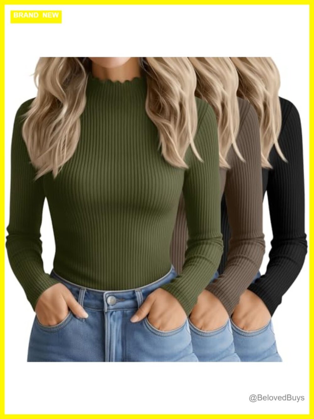 3 Pack Women Cotton Mockneck Ribbed Long Sleeve Tops